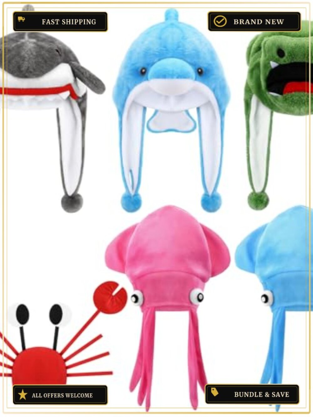 6pc Plush Animal Costume Hats Coral Fleece Earflap Winter Headwear Set